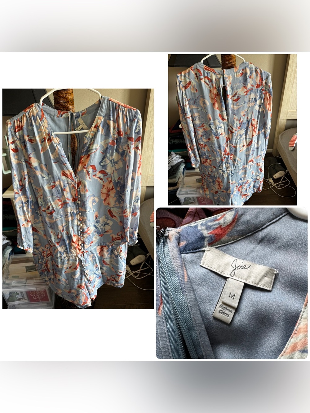Joie Light Blue Floral Button-Front Romper with Coral Accents